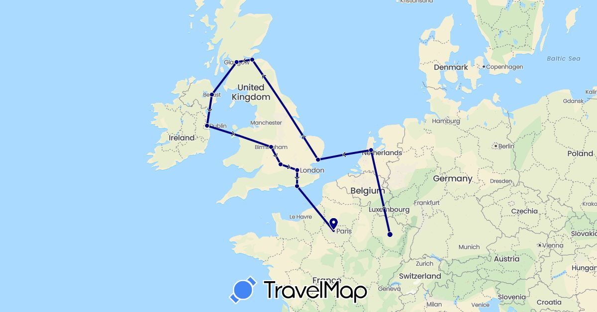 TravelMap itinerary: driving in France, United Kingdom, Ireland, Netherlands (Europe)